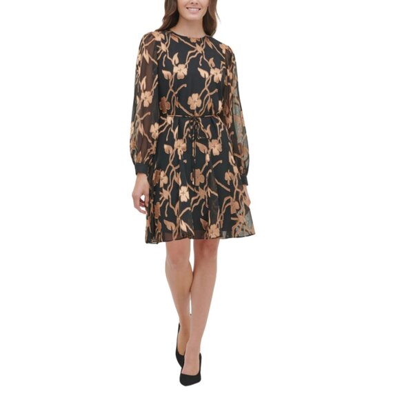 🌹 Tommy Hilfiger Black & Gold Floral Fit-and-Flare Dress – Size 4 – EUC - Picture 1 of 4